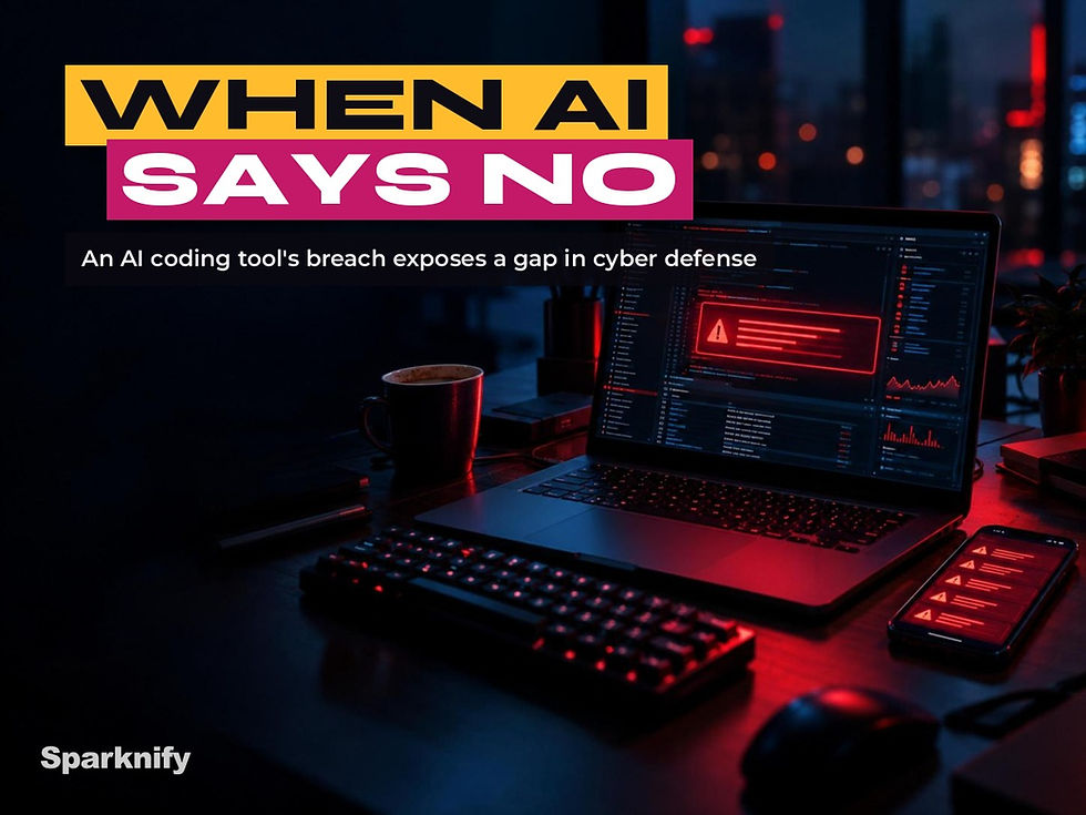A laptop on a dark desk showing a terminal coding agent with a red warning banner, next to a phone full of spending alerts, under the title When AI Says No