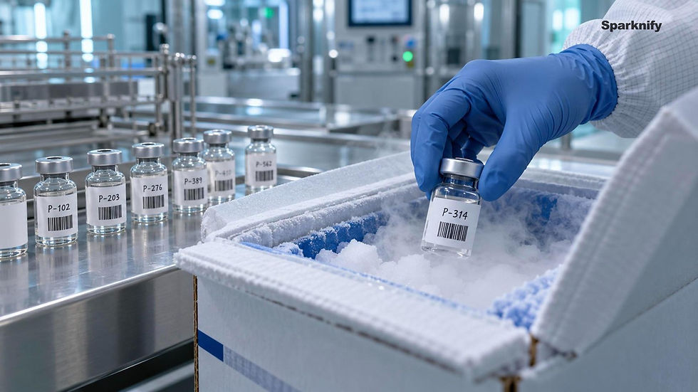Individually labeled mRNA vaccine vials, each made for a single patient, being packed into a cold shipping box