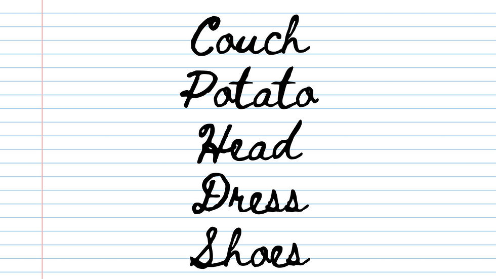 Image of 5 words, Couch, Potato, Head, Dress, Shoes on a notepad