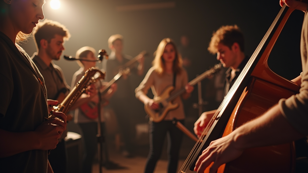 Eye-level view of a group of people engaged in a collaborative music-making session