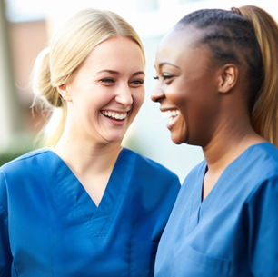Two young nurses home care workers laughing together