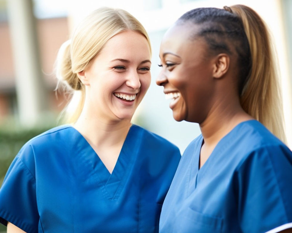 Two young nurses home care workers laughing together