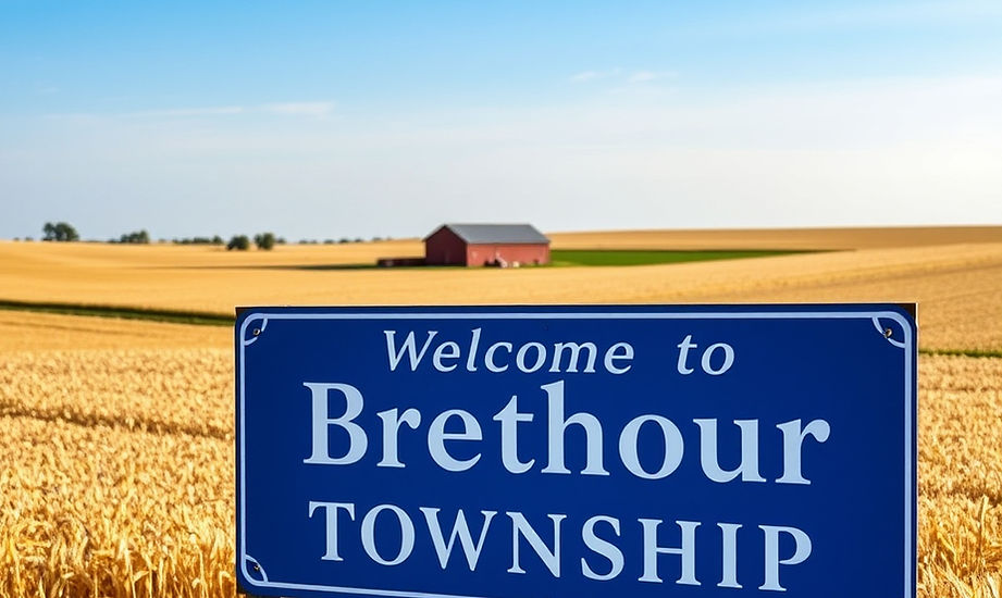Off to the side a blue sign that says _Welcome to Brethour Township_.jpg
