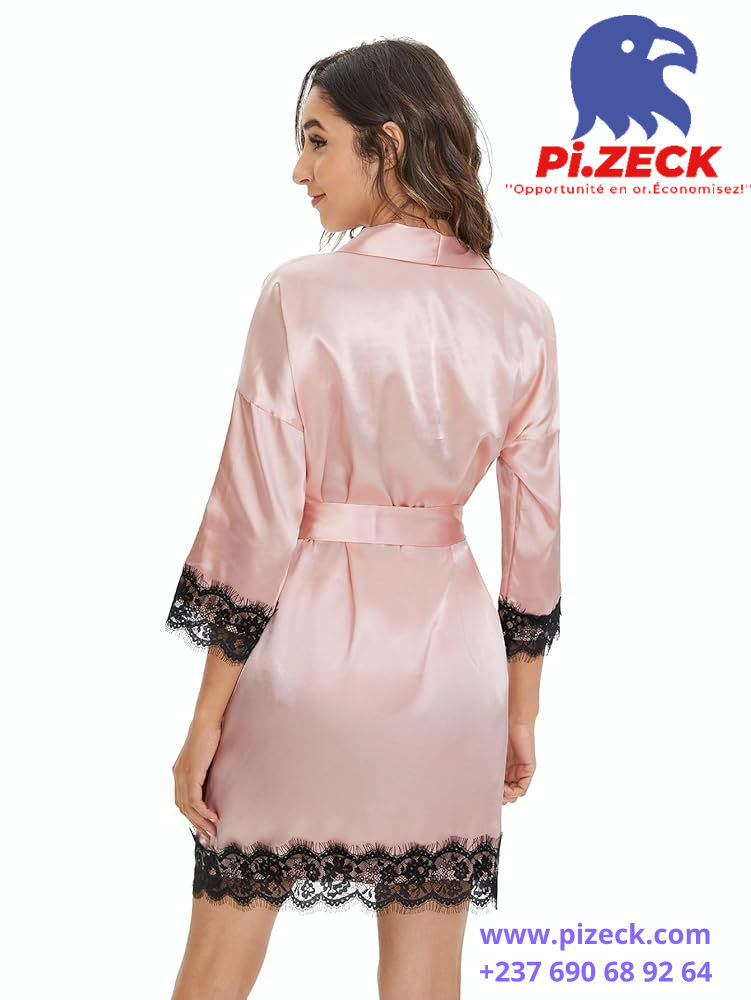 Miniature : lingerie  en dentelle florale avec peignoir, Ensemble 4 pièces en satin de soie
