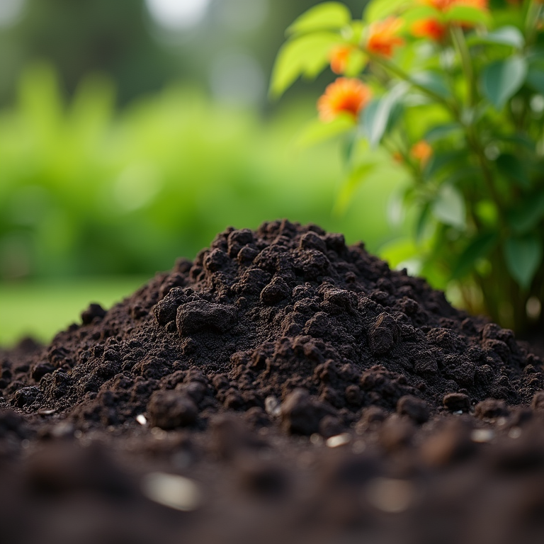 Rich dark organic compost and mulch ready for application in a farm bed.