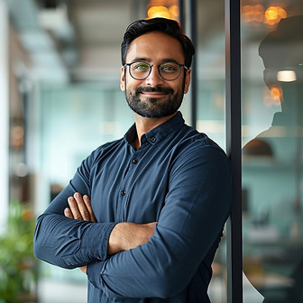 Leadership Consultant. Smiling man with glasses leaning against a glass wall in a modern office setting.