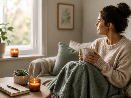 A woman sat on a sofa holding a mug looking out of a window in a cosy living room