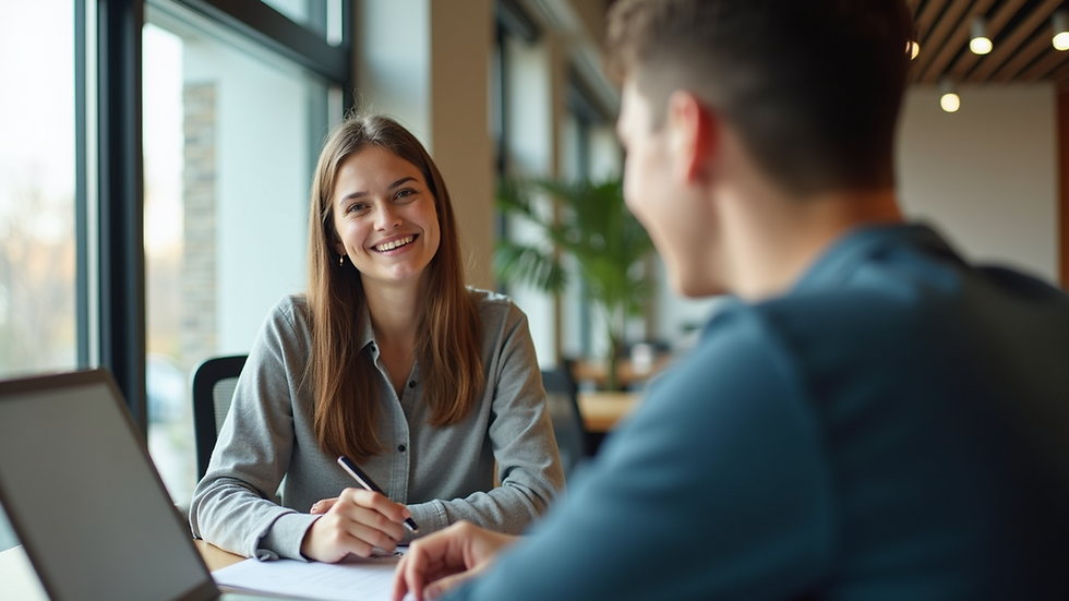 Eye-level view of a student advisor discussing university options with a young adult