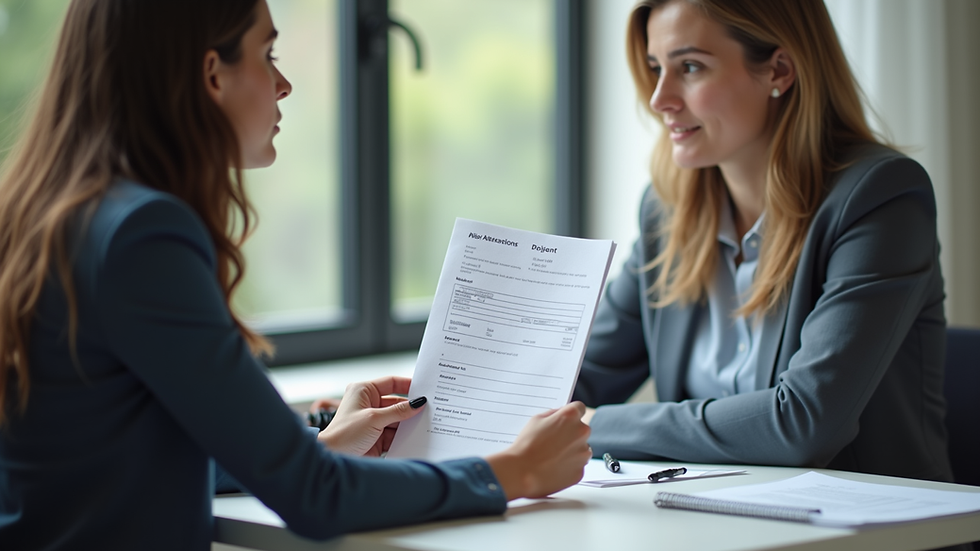 Close-up view of a consultant explaining visa documents to a student