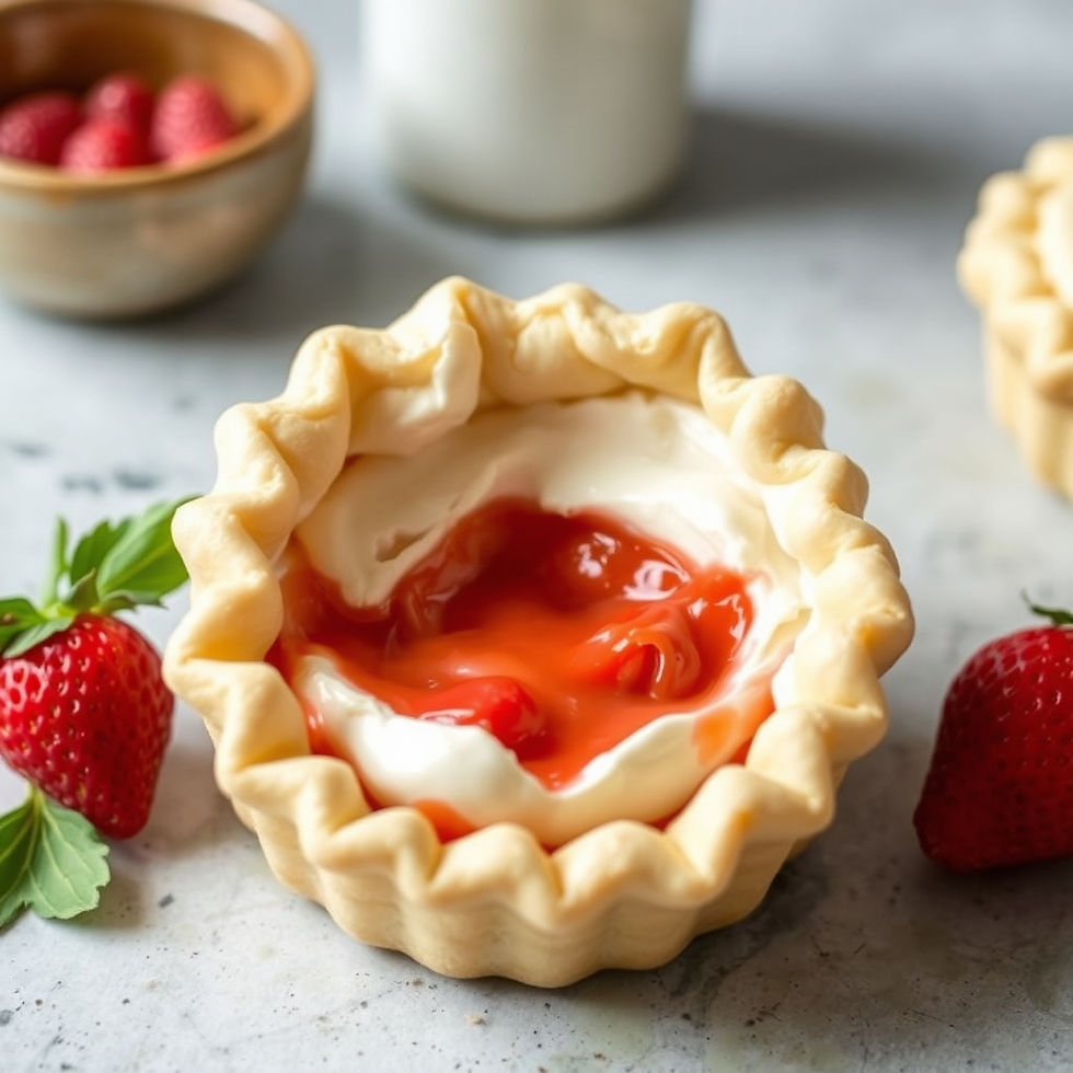 A delectable mini strawberry tart with creamy filling is surrounded by fresh strawberries on a rustic marble surface, offering a tempting treat for dessert lovers.