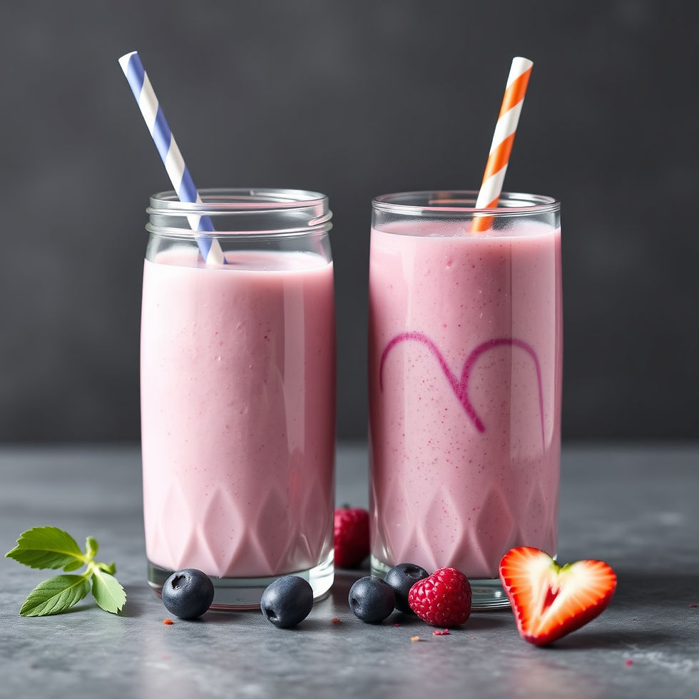 Two berry smoothies in glass cups with striped straws are surrounded by fresh blueberries, raspberries, a strawberry slice, and a sprig of mint, creating a vibrant and refreshing scene.