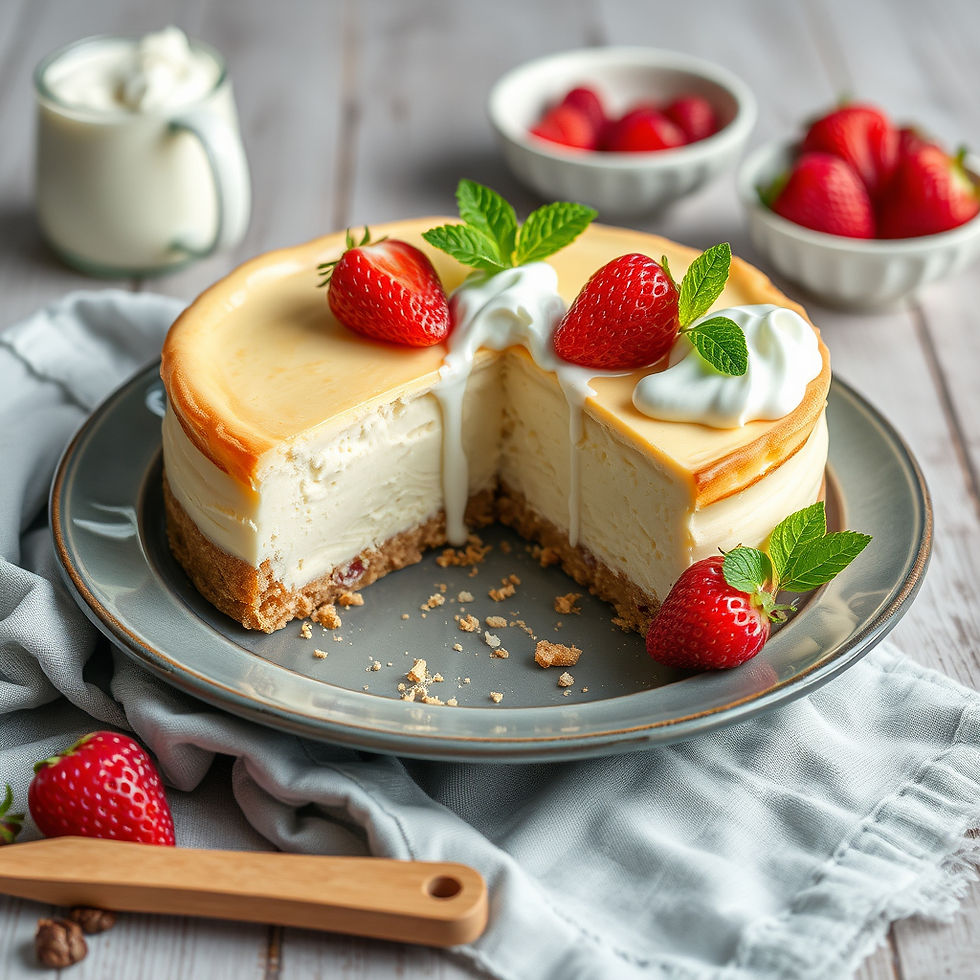 A delectable cheesecake garnished with fresh strawberries and mint leaves, elegantly presented on a plate with a creamy topping, ready to enjoy.