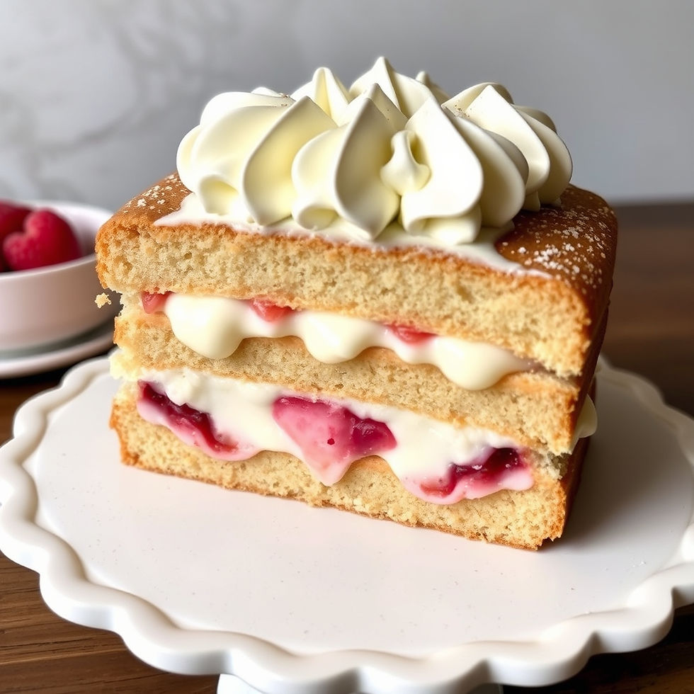 A delectable layered sponge cake filled with creamy vanilla frosting and vibrant raspberry jam, topped with elegant swirls of whipped cream, sits enticingly on a white cake stand.