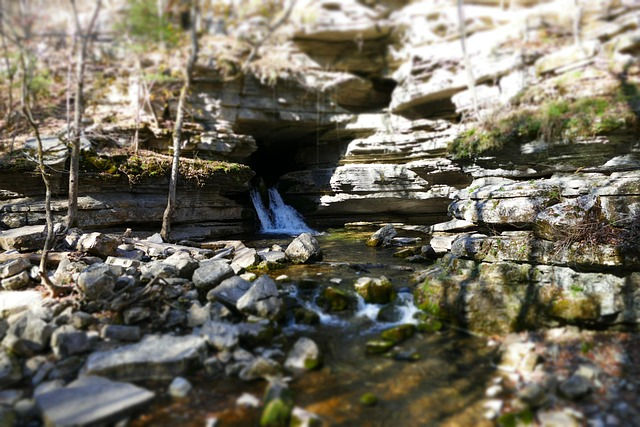 Limestone rock formation in Arkansas with a flowing river.