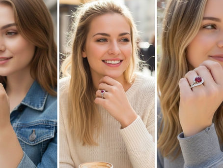 A women wearing different styles of ruby rings
