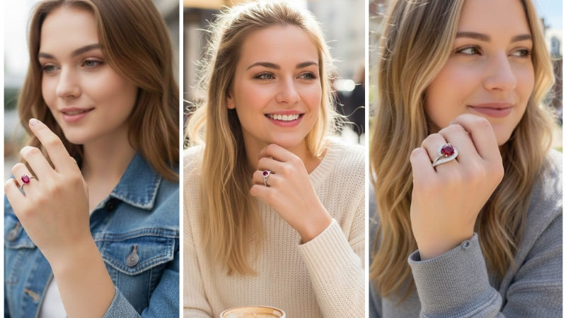 A women wearing different styles of ruby rings