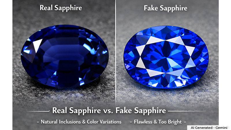 Side-by-side comparison of real vs fake sapphires with a short caption pointing out key differences.
