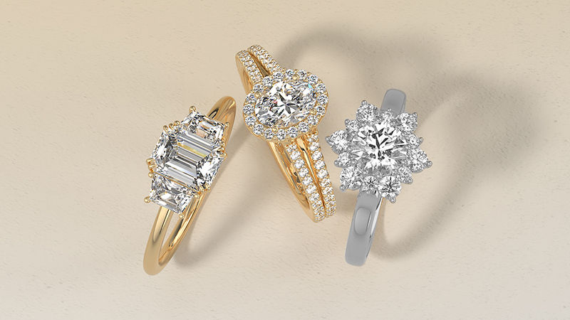 a collage showing multiple diamond rings in different designs from the company inventory