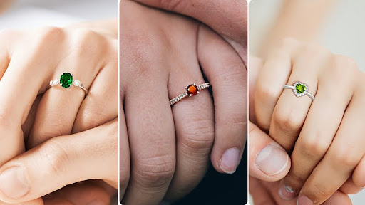 a collage of hessonite and tsavorite ring and peridot ring on a bride’s finger