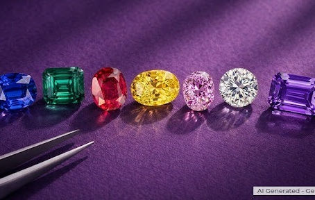 Different types of loose gemstones (rubies, sapphire, emerald, and tanzanite