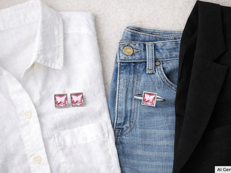 Flat lay of pink sapphire jewelry styled with chic outfits like a white shirt, jeans and