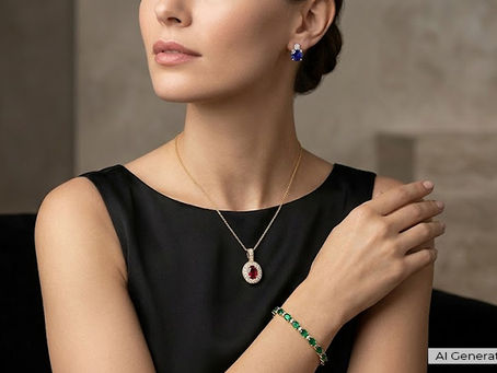 a woman wearing gemstone jewelry such as pendants, earrings and bracelets