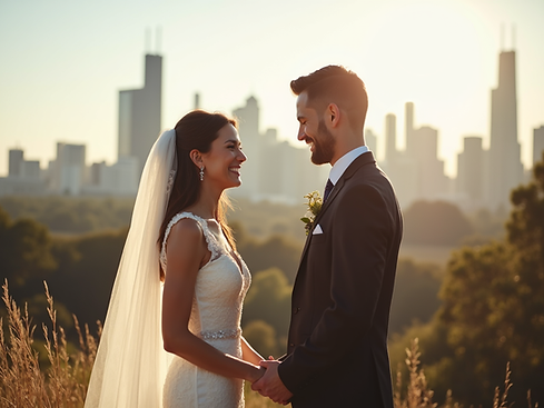 A happy bazooka-wedding couple exchanging vows with a scenic Chicago skyline in the backgr
