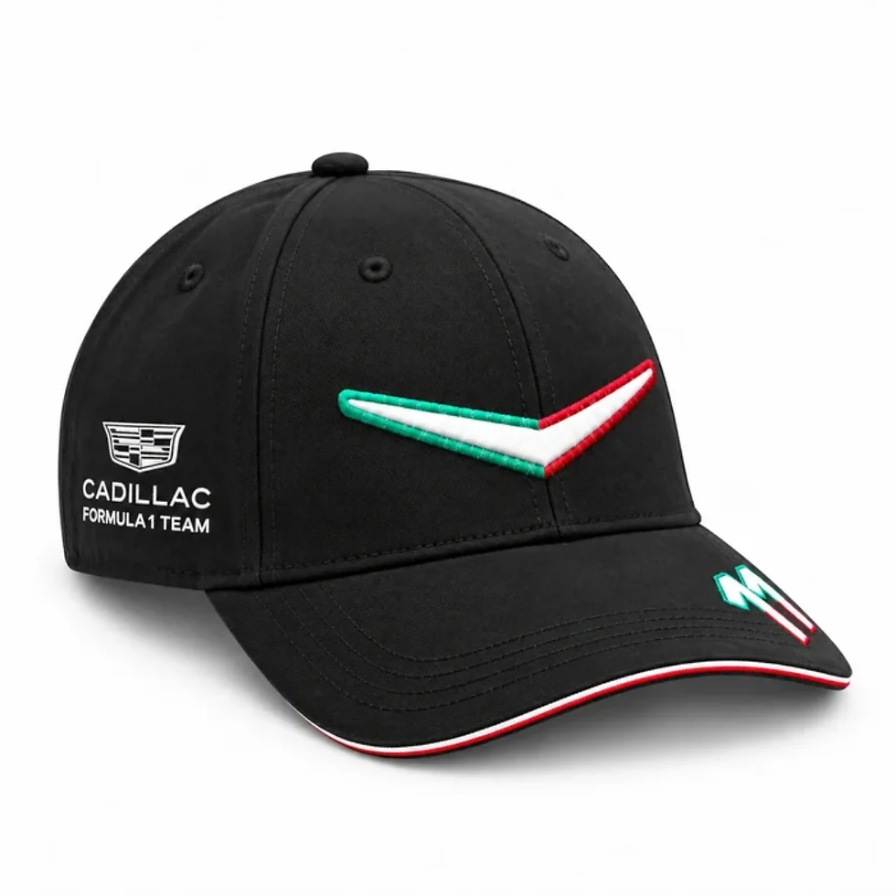 Gorra Cadillac F1 México de Checo Pérez con escudo del equipo y colores verde blanco y rojo