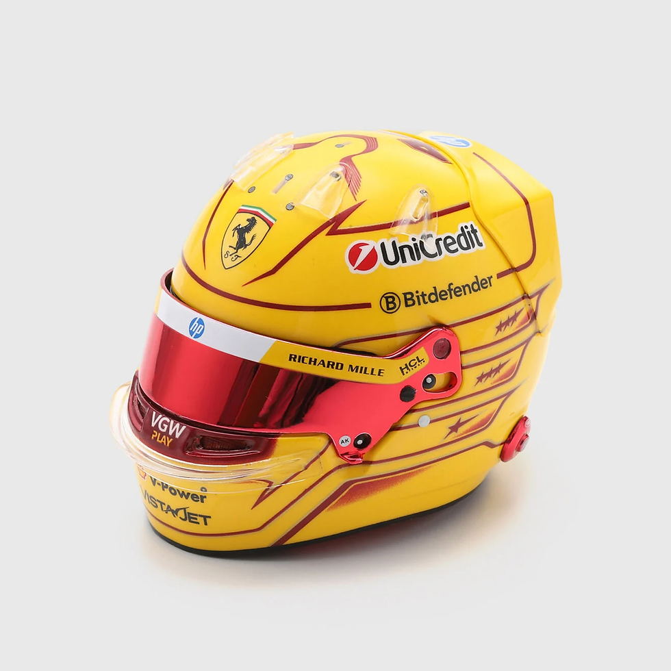 Mini helmet Lewis Hamilton Ferrari 2025 detalle lateral visor rojo patrocinadores F1