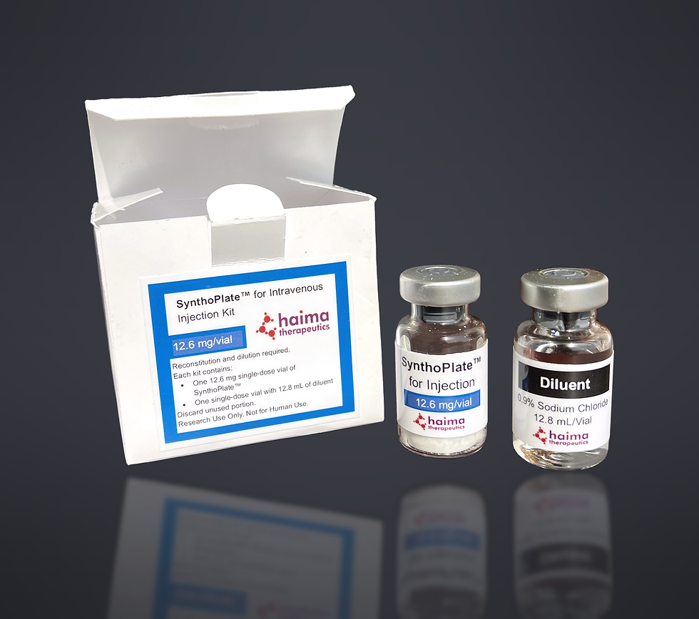 SynthoPlate intravenous injection kit with a vial of freeze-dried SynthoPlate and a vial of saline diluent from Haima Therapeutics.