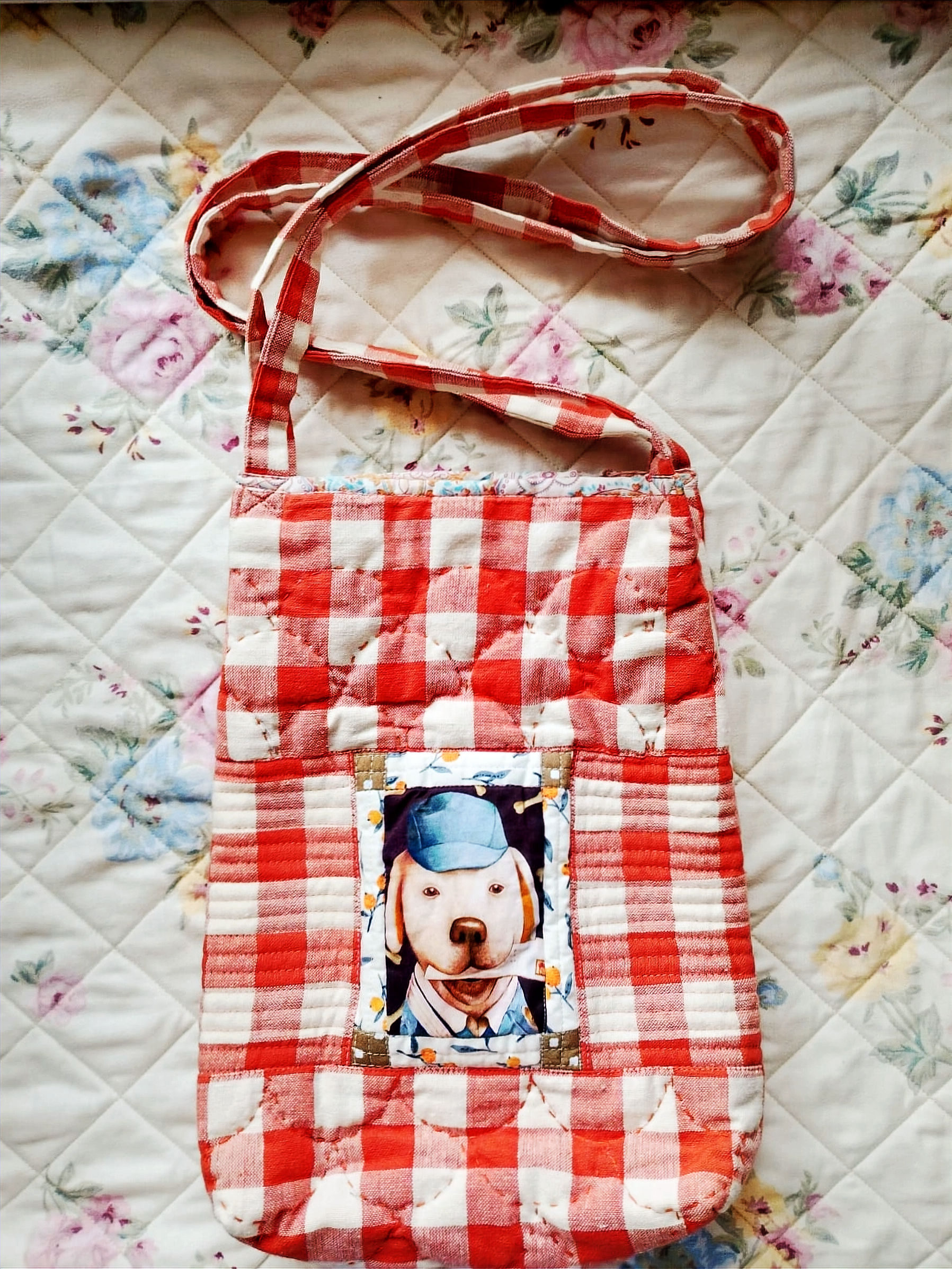 Cotton quilted mini tote with applique and hand embroidery