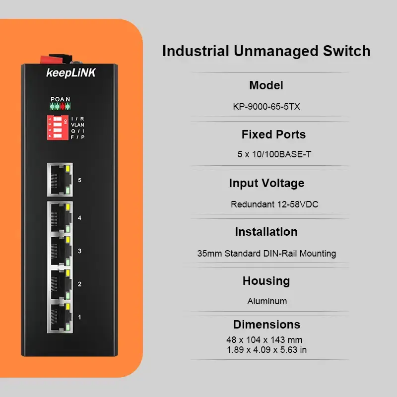 Thumbnail: Industrial 5-Port Gigabit Ethernet Switch – DIN-Rail, Unmanaged, Plug-and-Play