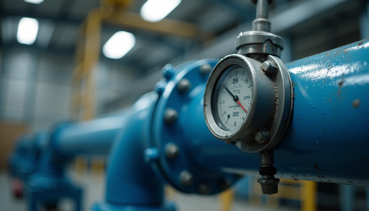 Close-up view of an electromagnetic flow meter installed on a water pipeline