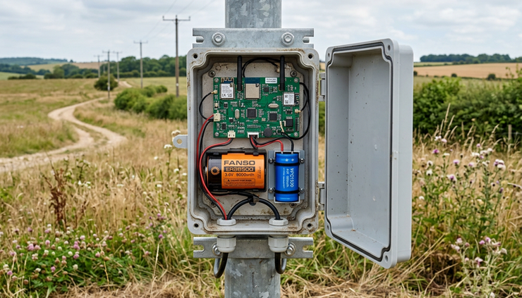 Eye-level view of a weatherproof IoT sensor mounted outdoors with a battery pack visible inside its enclosure