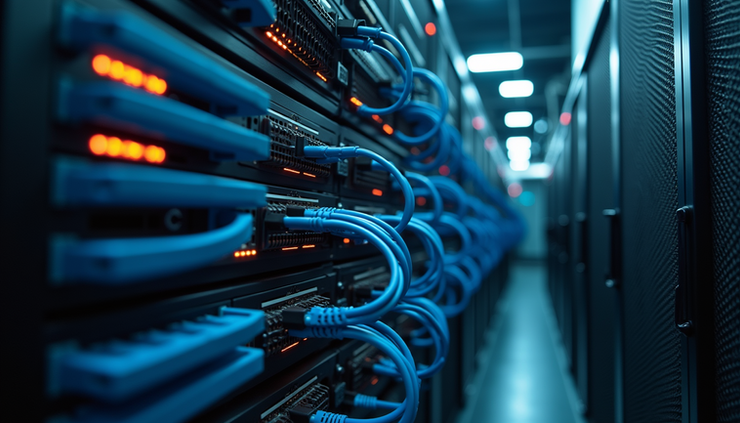 Eye-level view of a server rack with organized network cables