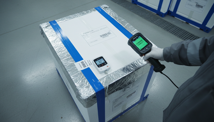 Top-down view of a sealed vaccine shipment with a temperature record being scanned