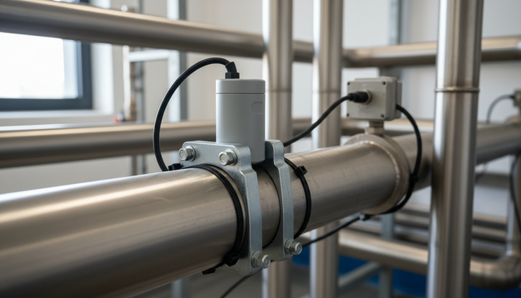Close-up of an unbranded wireless sensor mounted beside industrial pipework.