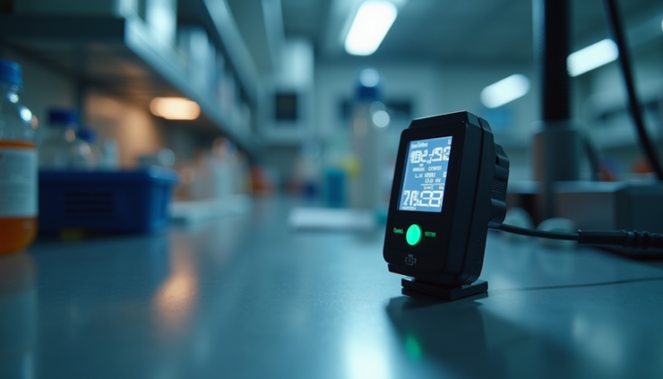 Close-up view of a lux meter sensor positioned on a laboratory workbench
