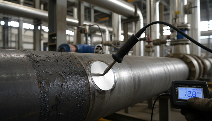 Close-up view of a technician measuring pipe wall thickness on a bare steel line.