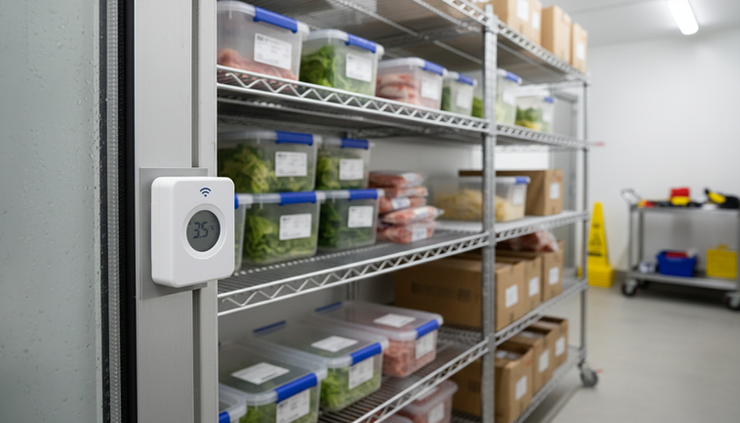 Close-up view of a wireless temperature sensor fixed to a refrigerated storage unit