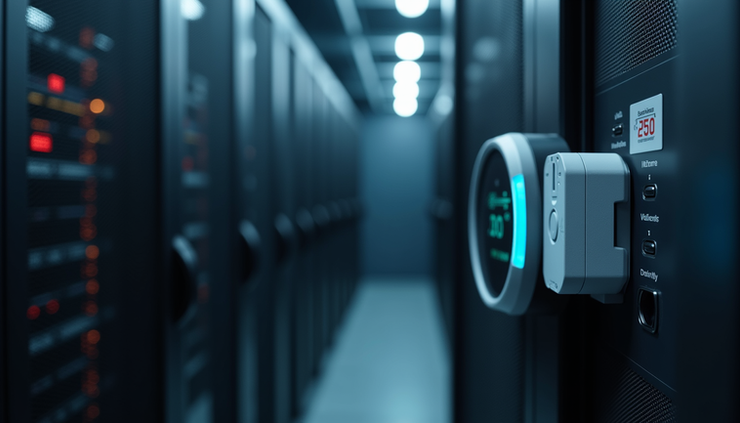 Eye-level view of a wireless environmental sensor mounted inside a server room rack