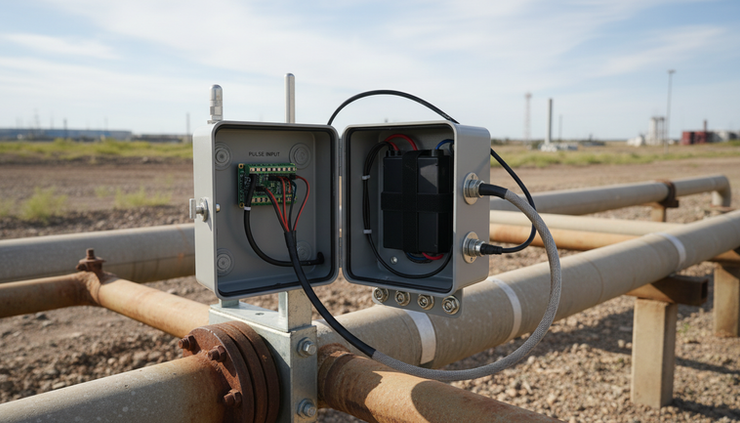 Close-up view of pulse output wiring inside a weatherproof telemetry enclosure.