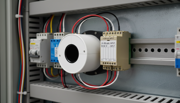 Eye-level view of analogue signal wires connected from a current transducer to a PLC input module