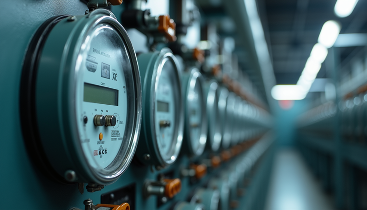 Eye-level view of industrial energy meters installed on factory walls