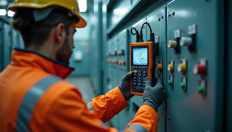 Eye-level view of a technician using a portable Tan Delta tester on a transformer in a substation