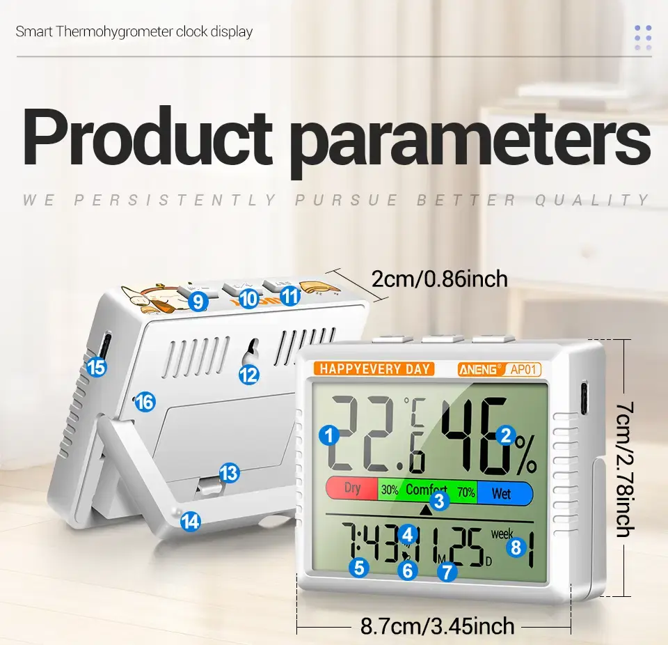 Thumbnail: Rechargeable Digital Thermometer & Hygrometer with Alarm Clock and Backlit Disp