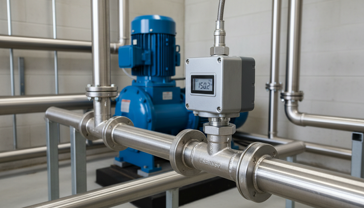 Eye-level view of a pressure transmitter installed on a stainless steel water line.