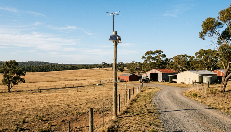 Wide-angle view of a rural property with sheds, paddocks and a pole-mounted LoRaWAN gateway.