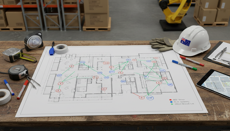 Overhead view of a warehouse floor plan with sensor and gateway locations marked.