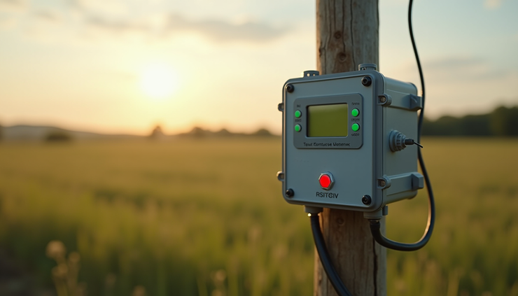 Eye-level view of a rugged temperature sensor mounted outdoors in a rural setting